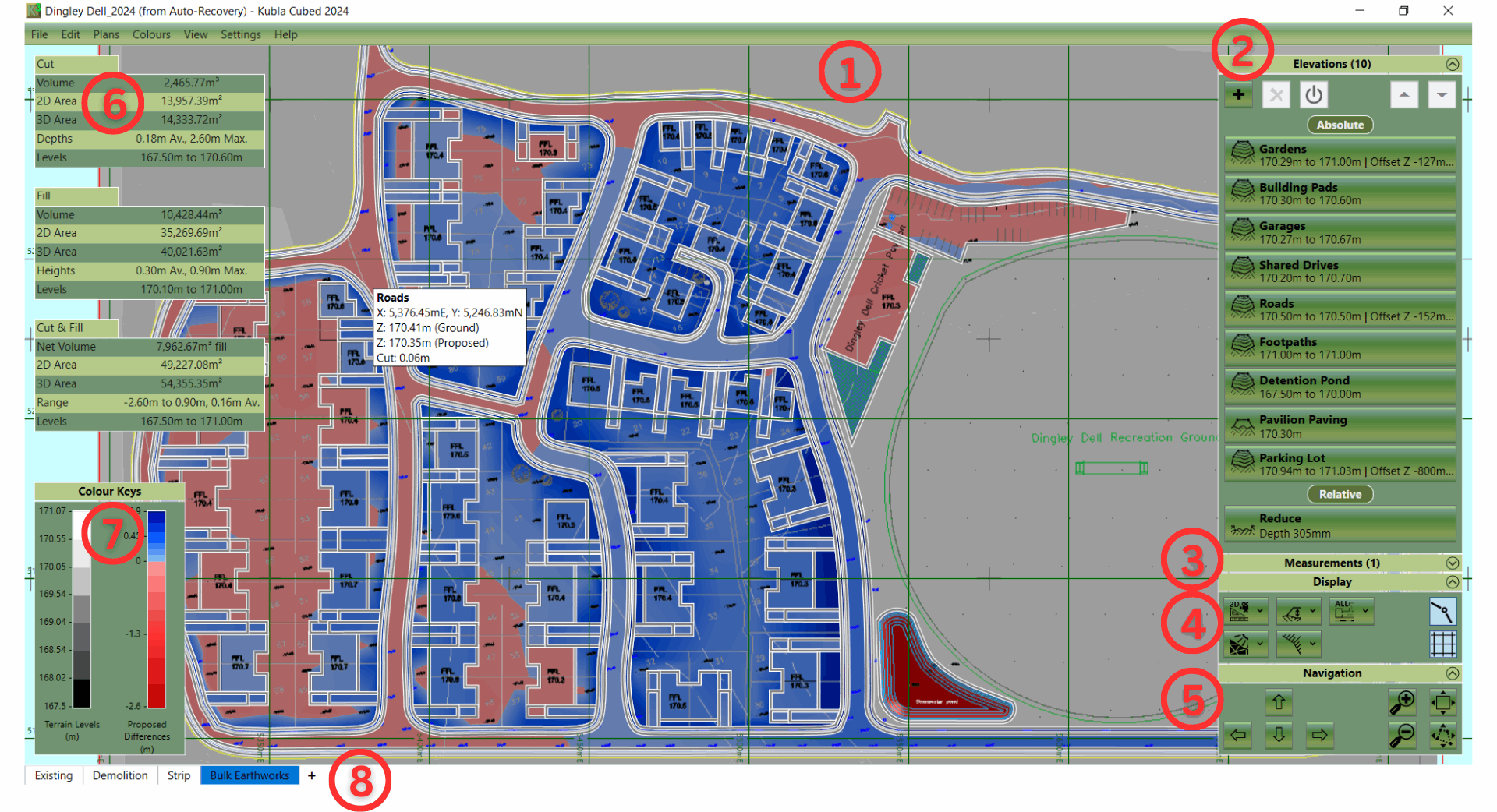 Kubla Cubed interface, with a cut and fill project, labeled are the different elements 1-6